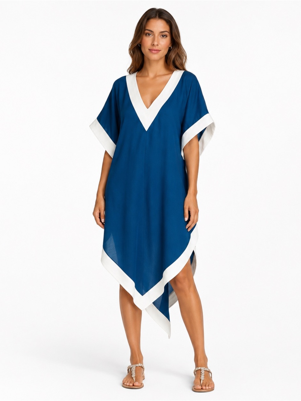 Valimare Aria High Low Crepe de Chine Cover Up Dress Blue White M Resortwear
